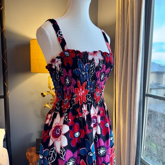 NWT Black w Retro Red Pink Floral Print Beach Cover Up Dress - Picture 2 of 6